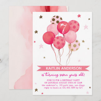 Pink Watercolor Balloons Girl 7th Birthday Party  Einladung