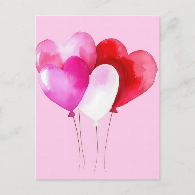 Pink Watercolor Balloons Valentinas Gruß Postkarte (Vorderseite)