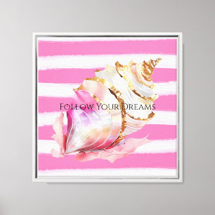 Pink Watercolor Beach Streifen Gold Muschel Leinwanddruck