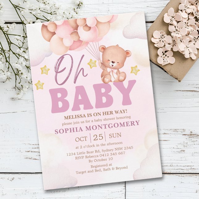 Pink Watercolor Bear Baby Shower Girl Einladung (Von Creator hochgeladen)