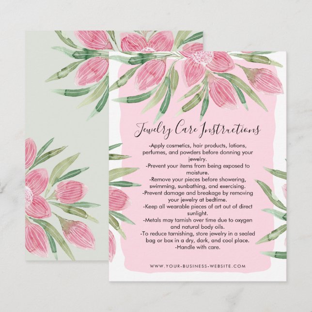 Pink Watercolor Blooming Floral Jewelry Care Card Mitteilungskarte (Vorne/Hinten)