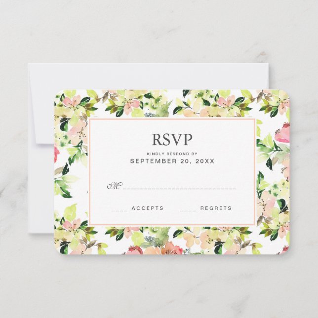 Pink Watercolor Blossom Muster - Hochzeitsszenario RSVP Karte (Vorderseite)