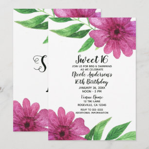 Pink Watercolor-Blume Florale Pop Süße 16-Party Einladung