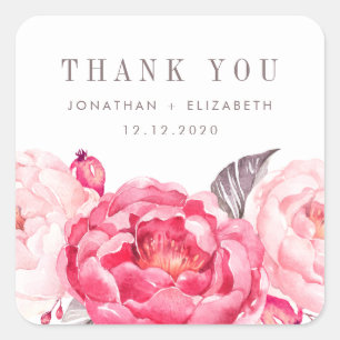 Pink Watercolor Blume Gastgeschenk Hochzeit Danke Quadratischer Aufkleber