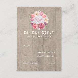 Pink Watercolor Blume Rustic Wood Wedding RSVP