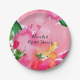 Pink Watercolor-Blumen Blumen Sommer Brautparty Pappteller