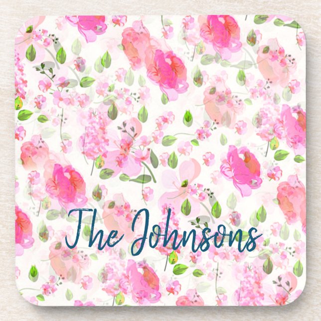 Pink Watercolor Blumengarten Muster Getränkeuntersetzer (Vorderseite)