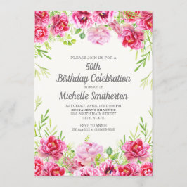 Pink Watercolor Blumengrün 50. Geburtstag Einladung