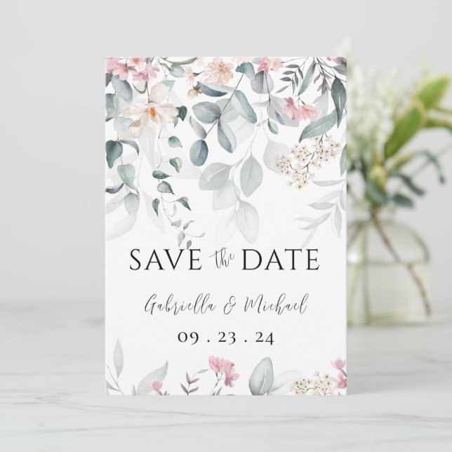 Pink Watercolor Blumengrün Hochzeit Save The Date (Stehend Vorderseite)