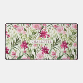 Pink Watercolor Blumenmuster Personalisierter Name Schreibtischunterlage