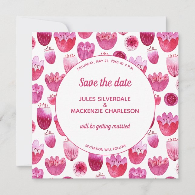 Pink Watercolor Blumenmuster Save the Date Einladung (Vorderseite)