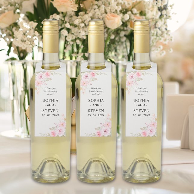 Pink Watercolor Blush Roses Modern Wedding Party Flaschenanhänger (Von Creator hochgeladen)