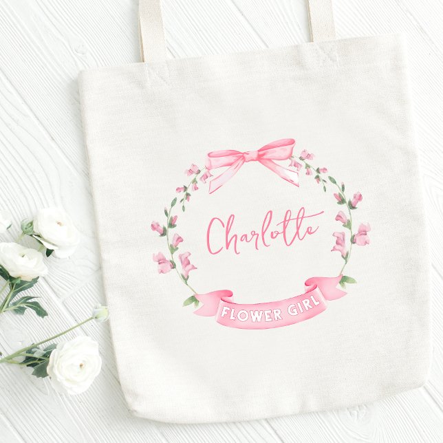 Pink Watercolor Blütenbraun Individuelle Name Blum Tragetasche (Delicate florals & a touch of elegance—this tote is the sweetest gift for your little flower girl.)