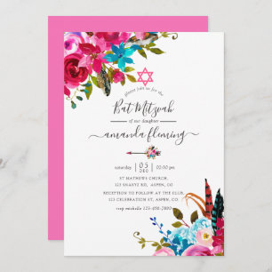 Pink Watercolor Boho Chic Floral Bat Mitzvah Einladung