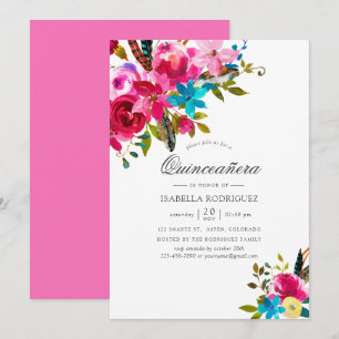 Pink Watercolor Boho Chic Floral Quinceañera Einladung