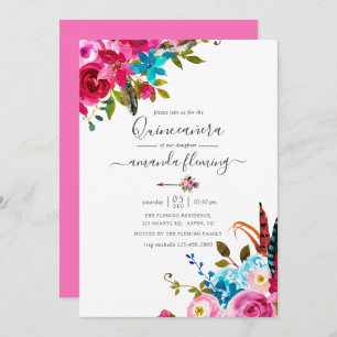 Pink Watercolor Boho Chic Floral Quinceañera Einladung