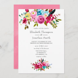Pink Watercolor Boho Chic Floral Wedding Einladung