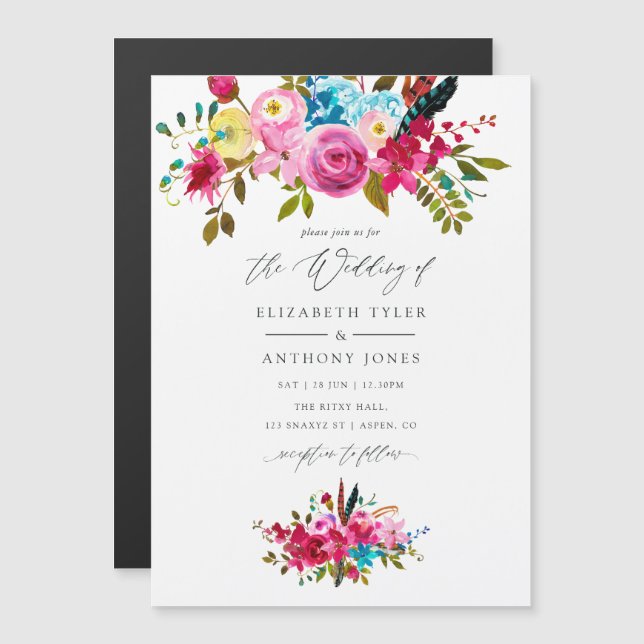 Pink Watercolor Boho Chic Floral Wedding Magneteinladung (Vorne/Hinten)
