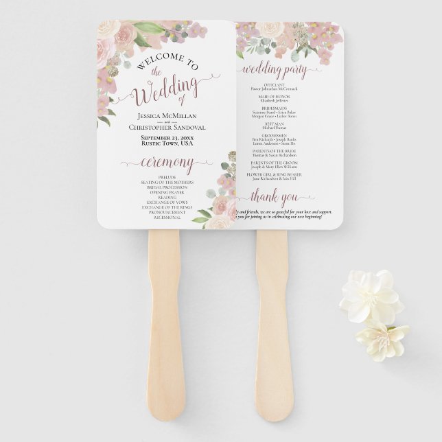 Pink Watercolor Boho Chic Floral Wedding Program Fächer (Vorne und Hinten)