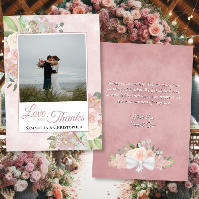 Pink Watercolor Boho Foto & Note Wedding Dankeskarte (Front/Back)
