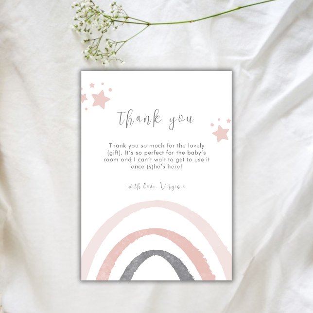 Pink Watercolor Boho Rainbow Baby Dusche Dankeskarte (Pink Watercolor Boho Rainbow Baby Shower Thank You Card)