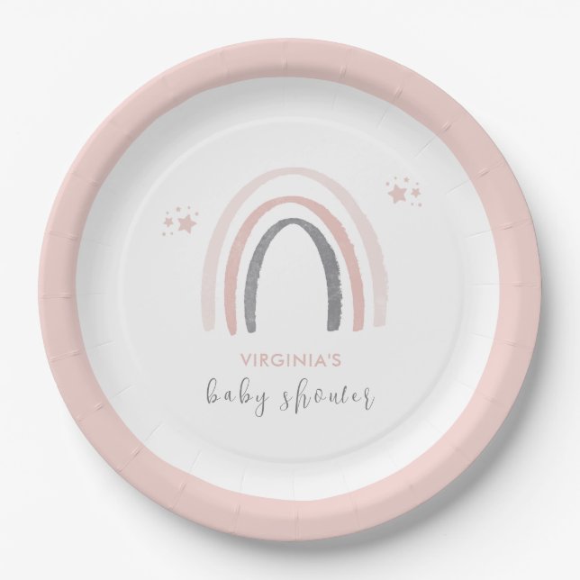 Pink Watercolor Boho Rainbow Baby Dusche Pappteller (Vorderseite)