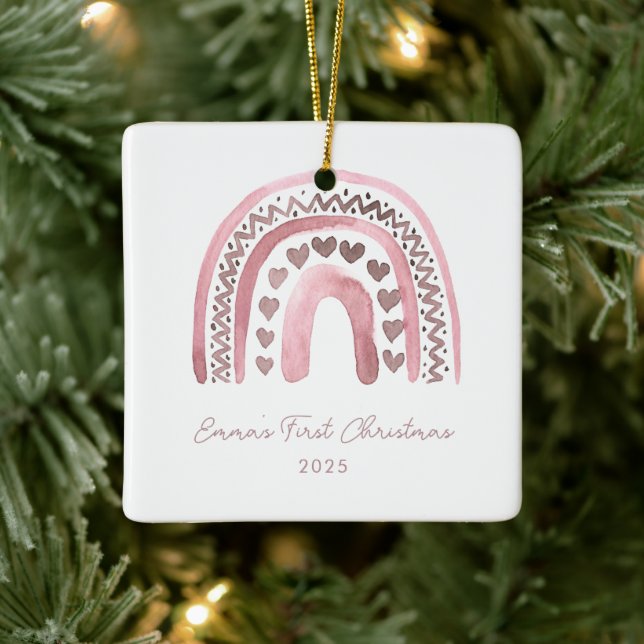 Pink Watercolor Boho Rainbow Erste Weihnachtsfeier Keramikornament (Baum)