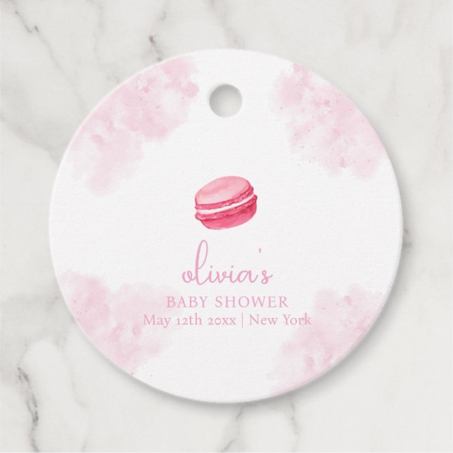 Pink Watercolor Bonjour Bébé Macaron Babydusche Geschenkanhänger (Vorderseite)