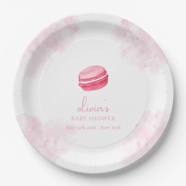 Pink Watercolor Bonjour Bébé Macaron Babydusche Pappteller (Vorderseite)