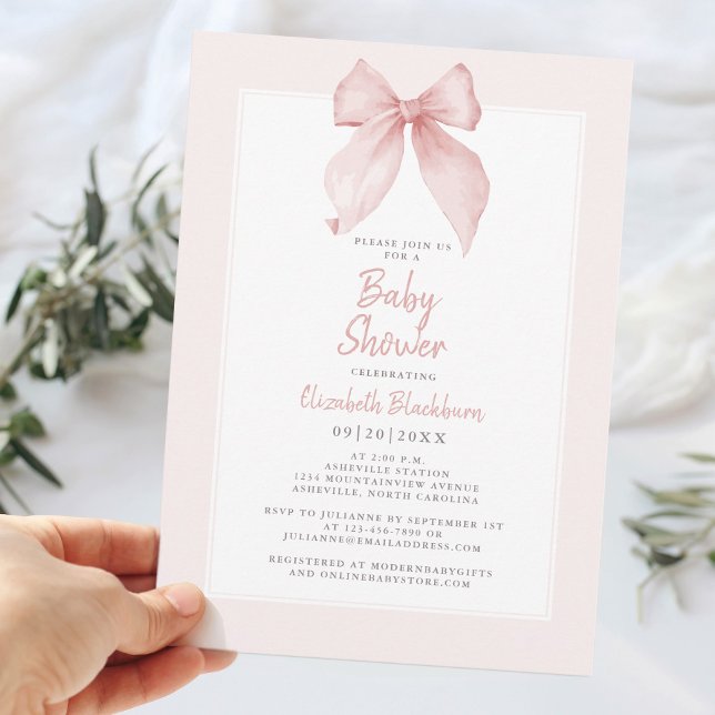 Pink Watercolor Bow Babydusche Coquette Elegante Einladung (Pink Watercolor Bow Baby Shower Coquette Elegant Invitation)