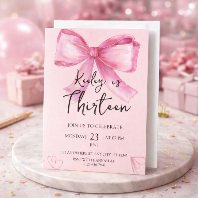 Pink Watercolor Bow Birthday Invitation Einladung (Von Creator hochgeladen)