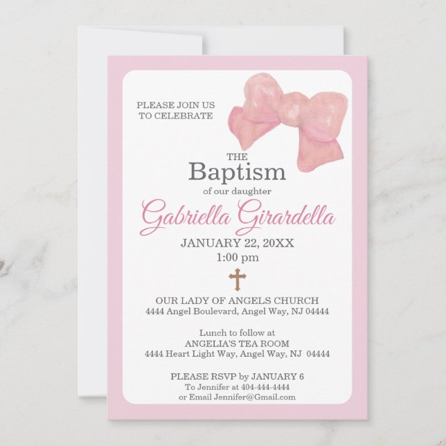 Pink Watercolor Bow & Cross Baptism Invitation Einladung (Vorderseite)