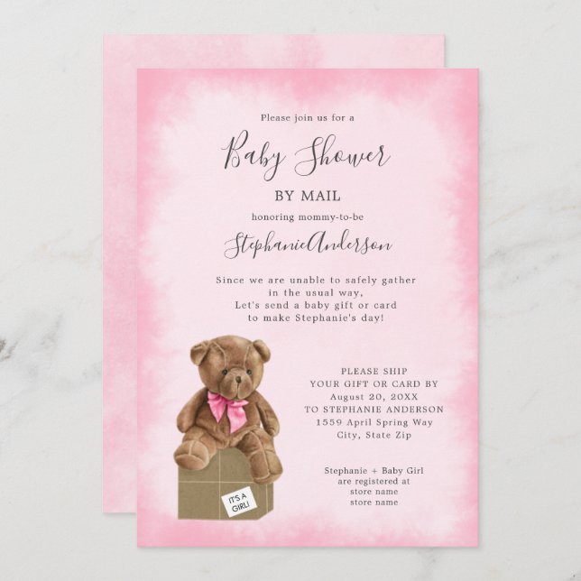 Pink Watercolor Brown Bear Baby Shooter by Mail Einladung (Vorne/Hinten)