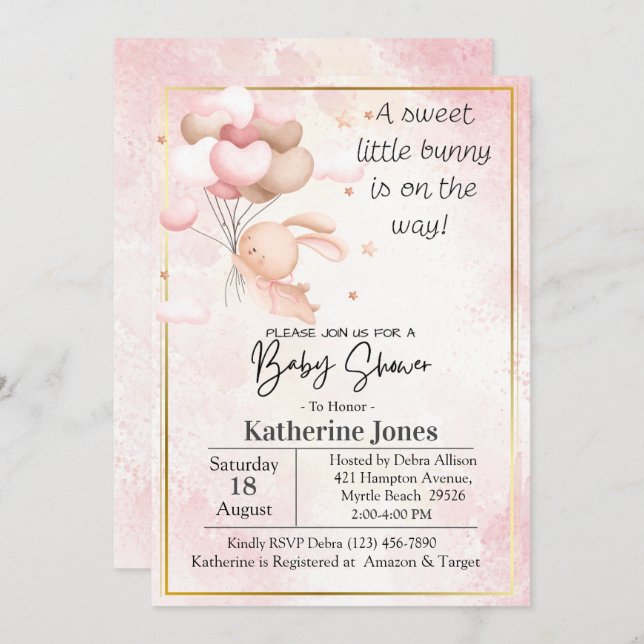 Pink Watercolor Bunny Rabbit Ballons Babydusche Einladung (Vorne/Hinten)