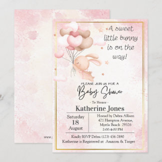 Pink Watercolor Bunny Rabbit Ballons Babydusche Einladung