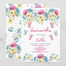 Pink Watercolor Butterfells Florals Geburtstag Einladung