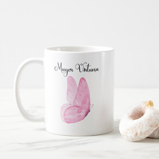 Pink Watercolor Butterfly Mujer Virtuosa Christlic Kaffeetasse (Mit Donut)