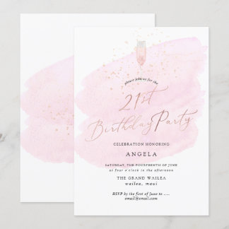 Pink Watercolor Champagne Glass+Bubbles Einladung