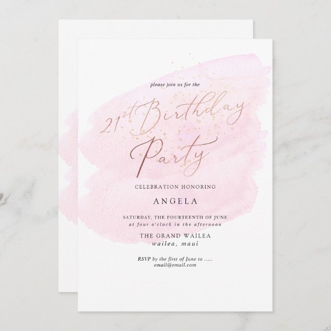 Pink Watercolor Champagner Bubbles 21. JAHR Einladung (Vorne/Hinten)