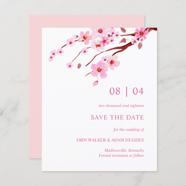 Pink Watercolor Cherry Blossom Save the Date (Vorne/Hinten)