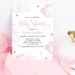 Pink Watercolor Clouds Baby Girl Dusche Einladung