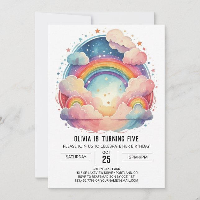 Pink Watercolor Clouds Girl Birthday Einladung (Vorderseite)