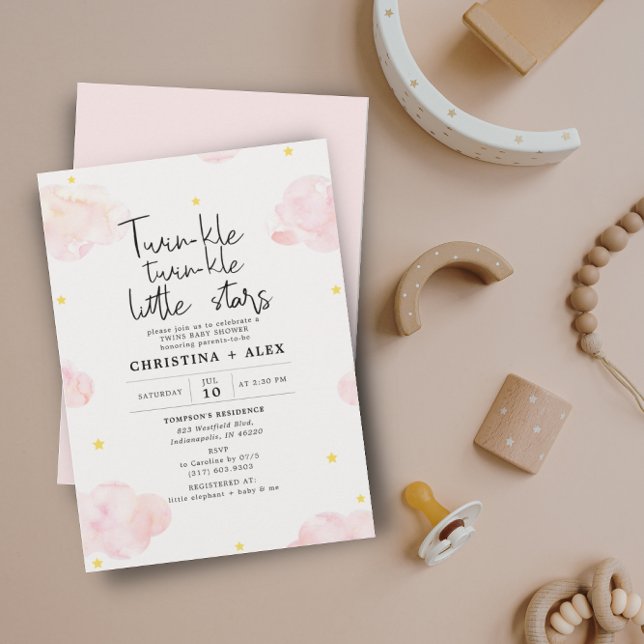 Pink Watercolor Clouds Twin Girls Babydusche Einladung (Von Creator hochgeladen)