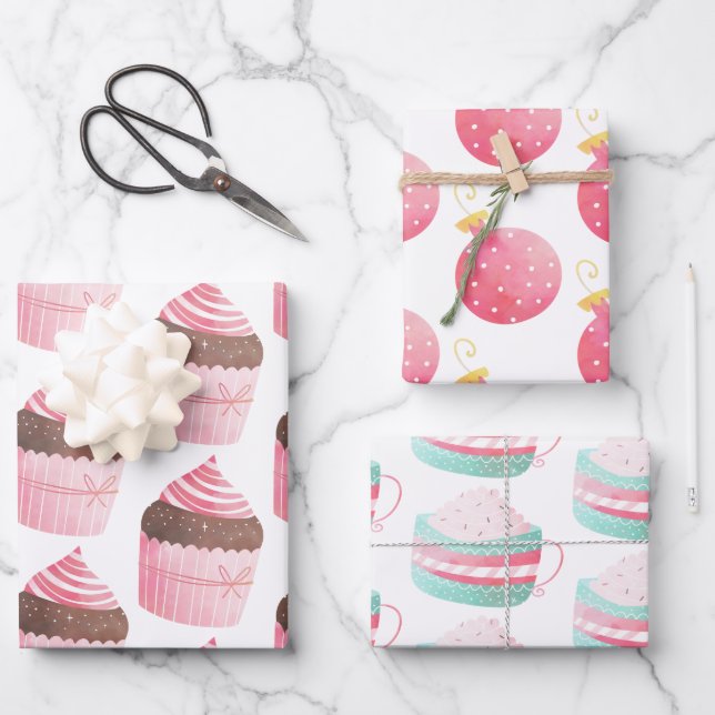 Pink Watercolor Cupcake Weihnachtswrapper Geschenkpapier Set (Vorderseite)