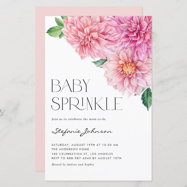 Pink Watercolor Dahlia Baby Sprinkle Einladung (Vorne/Hinten)