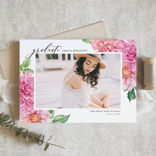 Pink Watercolor Dahlia Botanical Photo Graduation Ankündigung (Celebrate your milestone with this custom watercolor pink dahlia photo graduation announcement.)
