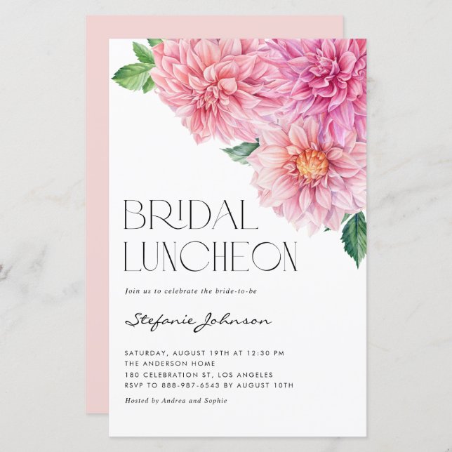 Pink Watercolor Dahlia Bridal Luncheon Einladung (Vorne/Hinten)