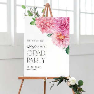 Pink Watercolor Dahlia Graduation Party Willkommen Poster