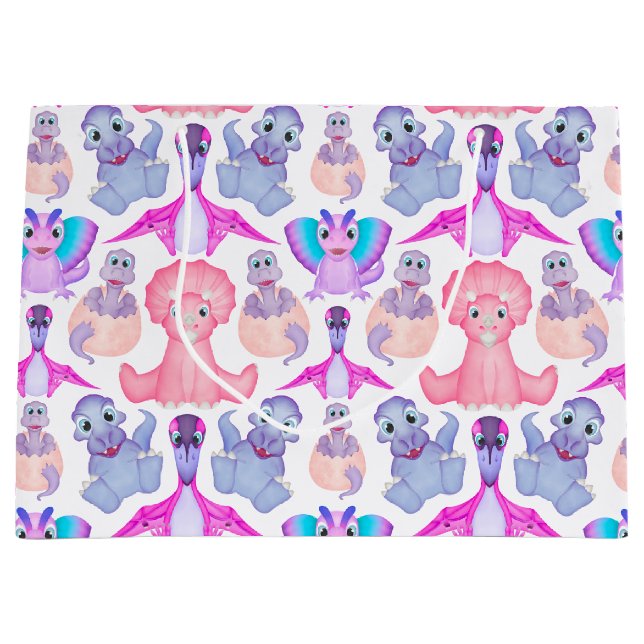 Pink Watercolor Dinosaurier Birthday Baby Dusche Große Geschenktüte (Vorderseite)