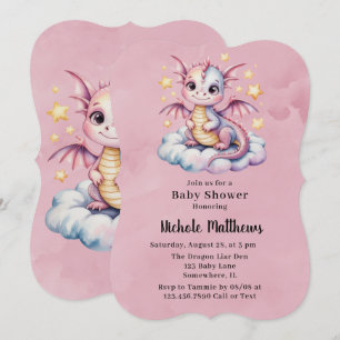 Pink Watercolor Dragon Girl Babydusche Einladung